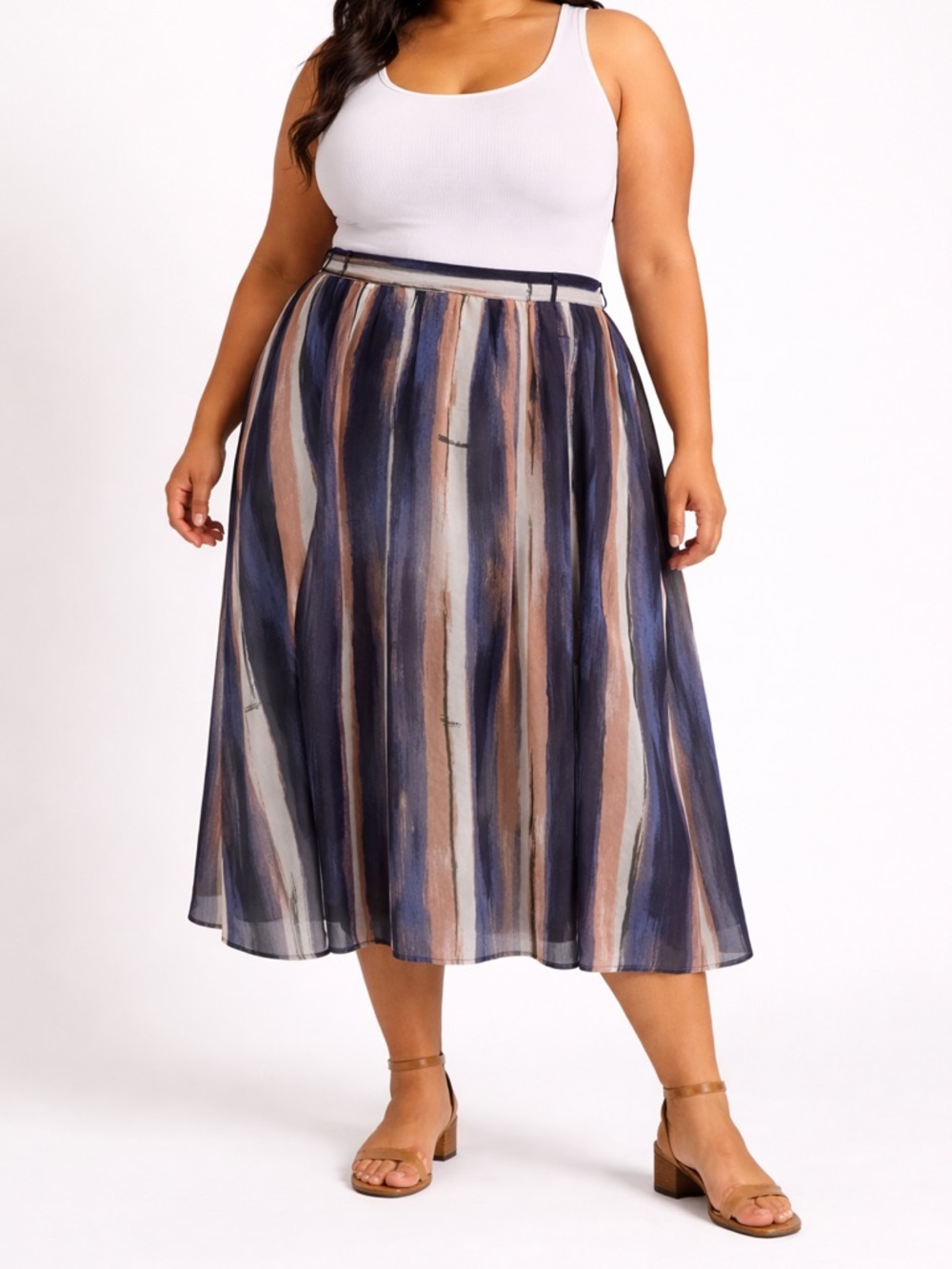 ModCloth Striped A Line Midi Skirt Blue Tan Elastic Waist Lined 1X